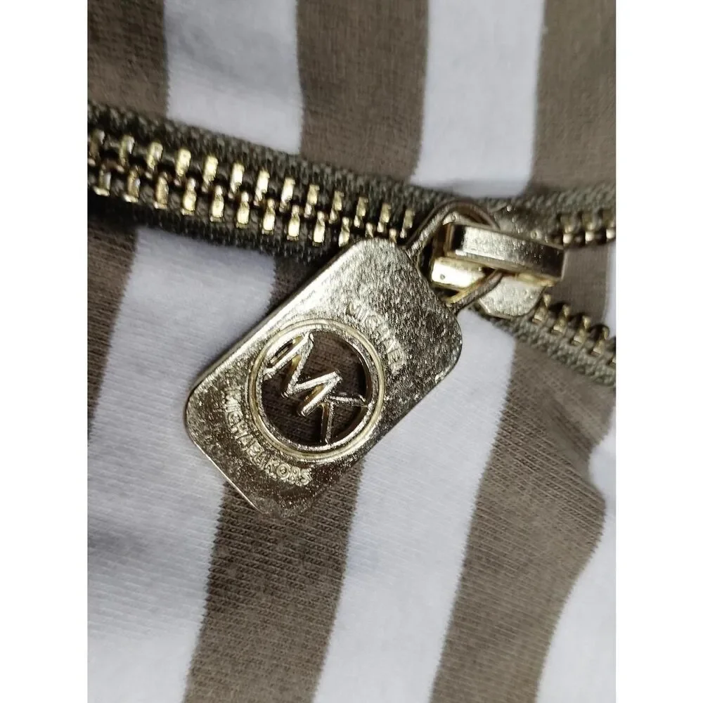 Michael Kors Striped V-Neck Zip Front Women’s Top - Khaki & White
